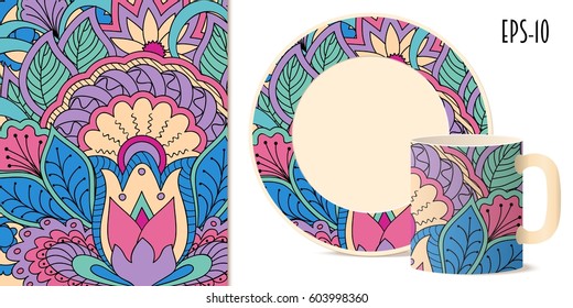 Hand drawn colorful pattern with flowers and mandala in zen style for decorate kitchenware, cup, dishes, porcelain, stationery. Mock-up cup and saucer. eps 10.
