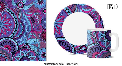 Hand drawn colorful pattern with flowers and mandala in zen style for decorate kitchenware, cup, dishes, porcelain, stationery. Mock-up of mug and saucer. eps 10.