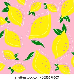 Hand drawn colorful pattern of lemon and leaves on pink background. Flat lines design style. Perfect for textile manufacturing wallpaper posters etc. Vector fruits illustration