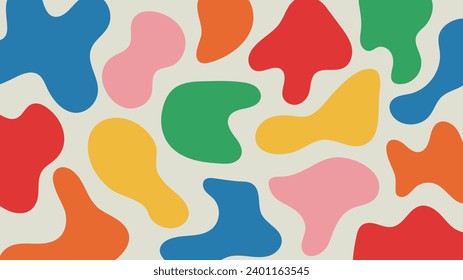 Hand drawn colorful pattern with organic shapes on beige background. Abstract figures, forms and spots. Trendy doodle style design. Contemporary minimalistic naive backdrop