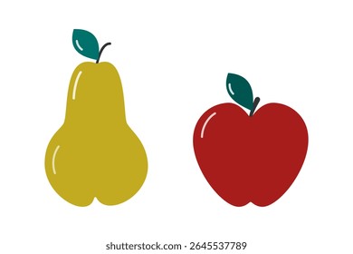 Hand Drawn Colorful Pear and Apple With Leaves Sticker Icon Pictogram Minimalist Design element idea