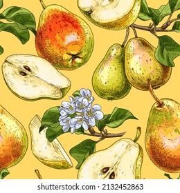 Hand drawn colorful pear. Vector seamless pattern of pear with leaves and flowers on a yellow background. For kitchen design, food packaging, textiles.