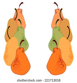 Hand drawn colorful pears in groups on white background. Vector illustration.