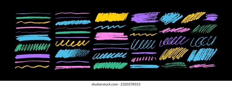 Hand drawn colorful pencil lines and squiggles set. Vector multi colored charcoal smears, striketrhoughs and swirls. Doodle style sketchy lines. Horizontal wavy strokes collection. Scratchy strokes.