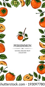 Hand drawn colorful persimmon vertical design. Vector illustration in colored sketch style.