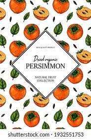 Hand drawn colorful persimmon vertical design. Vector illustration in colored sketch style.