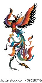 hand drawn colorful Phoenix tattoo,Fire bird isolate on white background,Japanese and Chinese style,Art of Phoenix Physiology