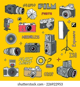 Hand drawn colorful photo cameras set 2. Vector illustration.