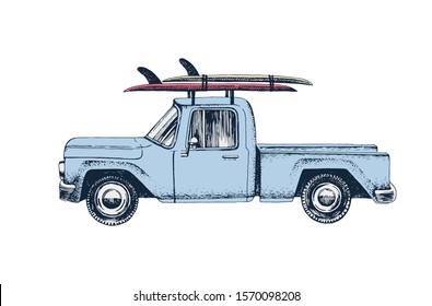 Hand drawn colorful pickup car with surfboards on a roof. Vector illustration