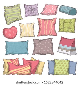 Hand drawn colorful pillow and cushion set with different shape, pattern and size - comfortable bedding object drawing collection - isolated vector illustration