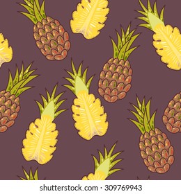 Hand drawn colorful pineapples seamless vector background