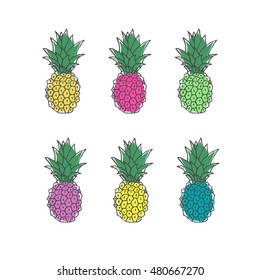 Hand drawn colorful pineapples. Vector illustration.
