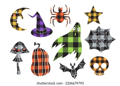 Hand drawn colorful plaid Halloween silhouettes illustrations bundle