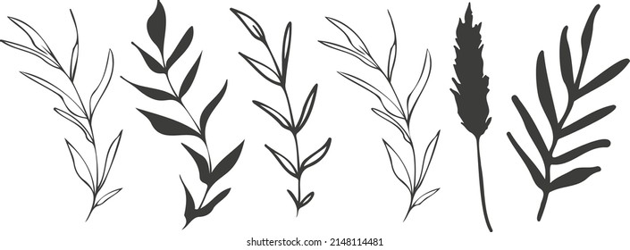 Hand drawn colorful plant set modern and universally usable. Flower branch and minimalistic plants. Hand drawn lines, elegant leaves for your own design. Botanical, chic and trendy plants. 