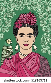 Hand Drawn Colorful Portrait Of Frida Kahlo, With Floral Background, Pink Flowers In Her Hair And A Parrot On Her Shoulder