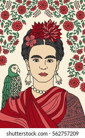 Hand Drawn Colorful Portrait Of Frida Kahlo, With Floral Background, Red Flowers In Her Hair And A Parrot On Her Shoulder