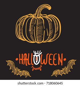 Hand drawn colorful pumpkin with halloween lettering and graphic bat icons . Halloween party invitation design elements isolated on dark background