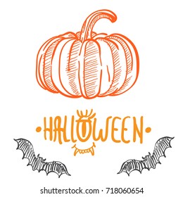 Hand drawn colorful pumpkin with halloween lettering and graphicbat icons . Halloween party invitation design elements isolated on white background