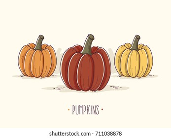 Hand Drawn Colorful Pumpkins. 