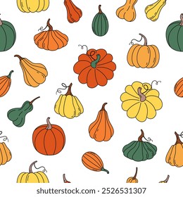 Hand drawn colorful pumpkins seamless pattern. Hello fall, autumn.Thanksgiving, Halloween. Harvest festival. Fall ripe vegetable. Vector flat illustration