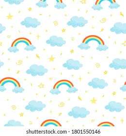 Hand drawn colorful rainbow pattern. Cute illustration of clouds and rainbows with a texture. Isolated on white.