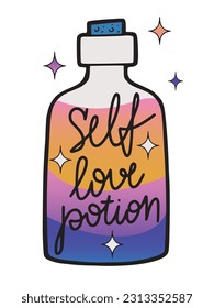 Hand drawn colorful rainbow self love potion with contour design, isolated vector illustration