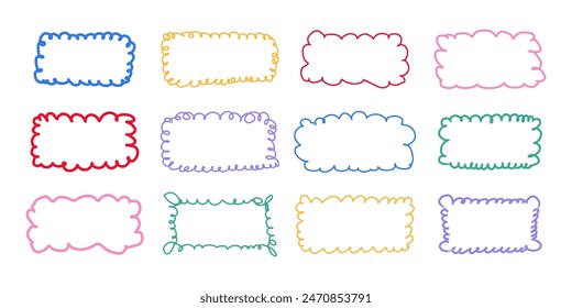 Hand drawn colorful rectangle looped frame set. Doodle scalloped edge oval shapes. Scribble lace borders template. Cloud silhouette. Vector illustration isolated on white background