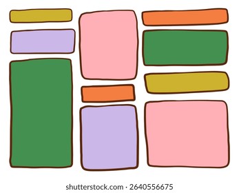 Hand Drawn Colorful Rectangle Shape. A cheerful collection of colorful hand drawn rectangles in pink green orange yellow and purple with soft edges and thick outline. Perfect for label layouts UI kits