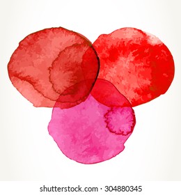 Hand drawn colorful red watercolor circles, isolated over white.