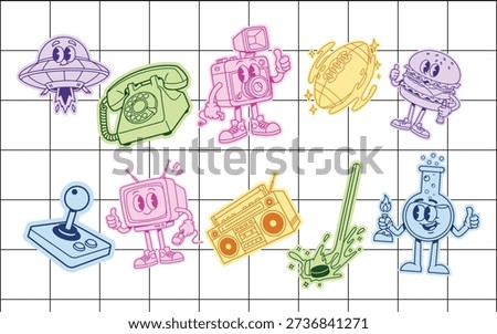 Hand drawn colorful retro doodle robots gadgets and devices