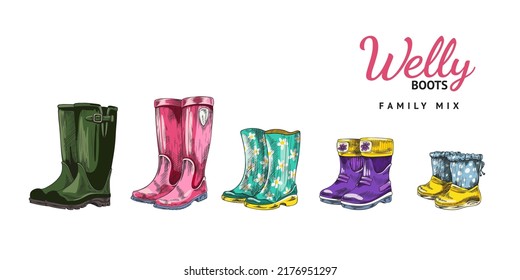 Hand Drawn Colorful Rubber Boots For Rainy Weather, Sketch Vector Illustration Isolated On White Background. Set Of Family Welly Boots With Engraving. Gum Shoes For Spring Or Autumn.