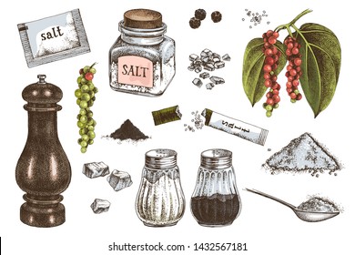 Hand drawn colorful salt and pepper icons isolated on white background. Vector illustration