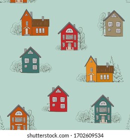 Hand drawn colorful scandinavia house pattern on blue background for fabric design. Beautiful cute vector pattern. Northern cityscape texture with, cottage and trees.