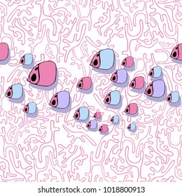 hand drawn colorful sea bottom  with corals and fishes, can use for greeting, post cards, template etc