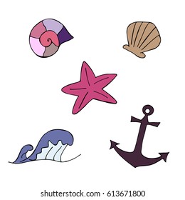 Hand drawn colorful sea icons in doodle style. Anchor, wave, sea shell and starfish. Vector illustration. 