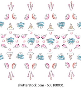 Hand drawn colorful sea shells. Summer sea shells doodles collection. Beautiful design for your textile, paper, cards, web page background. Vector seamless pattern.