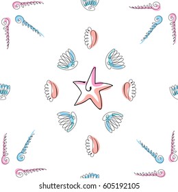 Hand drawn colorful sea shells. Summer sea shells doodles collection. Beautiful design for your textile, paper, cards, web page background. Vector seamless pattern.