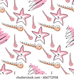 Hand drawn colorful sea shells. Summer sea shells doodles collection. Beautiful design for your textile, paper, cards, web page background. Vector seamless pattern.