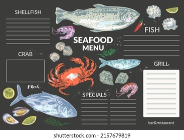 Hand drawn colorful seafood sketch, fish for menu background. Crab, oyster, prawn, shrimp, mussel, salmon, tuna, dorado, trout, sardine, sea bass.