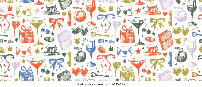 Hand drawn colorful seamless banner design with girly style shapes and elements. Sketchy girly seamless pattern. Childish scribbles and freehand summer motif shapes. Cute wrapping paper.