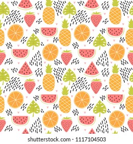 Hand drawn colorful seamless pattern with tropical fruits and leaves. Cute summer background. Creative texture. Vector illustration
