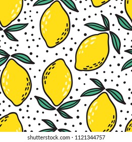 Hand drawn colorful seamless pattern of hand drawn lemons and green leaves on white background. Scandinavian design style. Perfect for textile manufacturing wallpaper posters etc. Vector illustration