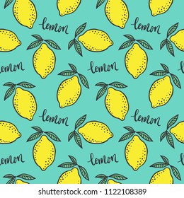 Hand drawn colorful seamless pattern of hand drawn lemons and green leaves on mint background. Scandinavian design style. Perfect for textile manufacturing wallpaper posters etc. Vector illustration