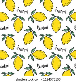 Hand drawn colorful seamless pattern of hand drawn lemons and green leaves on white background. Scandinavian design style. Perfect for textile manufacturing wallpaper posters etc. Vector illustration