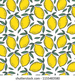 Hand drawn colorful seamless pattern of hand drawn lemons and green leaves on white background. Scandinavian design style. Perfect for textile manufacturing wallpaper posters etc. Vector illustration