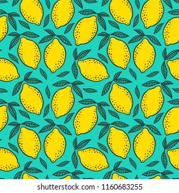 Hand drawn colorful seamless pattern of hand drawn lemons and green leaves on green background. Scandinavian design style. Perfect for textile manufacturing wallpaper posters etc. Vector illustration