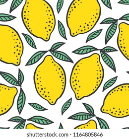 Hand drawn colorful seamless pattern of hand drawn lemons and green leaves on white background. Scandinavian design style. Perfect for textile manufacturing wallpaper posters etc. Vector illustration