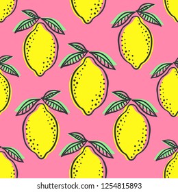 Hand drawn colorful seamless pattern of hand drawn lemons and green leaves on pink background. Scandinavian design style. Perfect for textile manufacturing wallpaper posters etc. Vector illustration