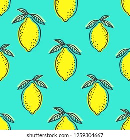 Hand drawn colorful seamless pattern of hand drawn lemons and green leaves on mint background. Scandinavian design style. Perfect for textile manufacturing wallpaper posters etc. Vector illustration