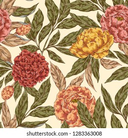 Hand drawn colorful seamless pattern with peones in vintage style. Best for wallpaper,pattern fills,web page background,surface textures